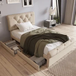 Redom Lit 90x200 cm avec 2 tiroirs de rangement et tête de lit réglable, cadre métal et bois, tissu lin naturel Discount
