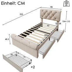 Redom Lit 90x200 cm avec 2 tiroirs de rangement et tête de lit réglable, cadre métal et bois, tissu lin naturel Discount