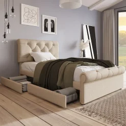 Redom Lit 90x200 cm avec 2 tiroirs de rangement et tête de lit réglable, cadre métal et bois, tissu lin naturel Discount