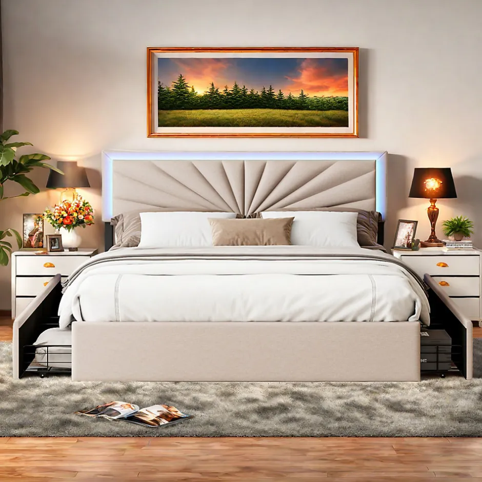 ProximaX Lit 160x200 cm avec 4 tiroirs de rangement, tête de lit avec éclairage LED, revêtement en tissu beige,Lit coffre moderne