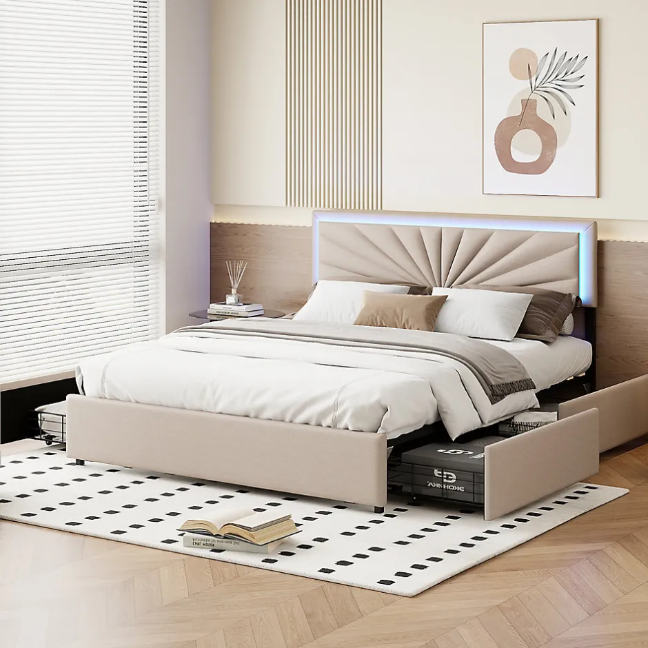 ProximaX Lit 160x200 cm avec 4 tiroirs de rangement, tête de lit avec éclairage LED, revêtement en tissu beige,Lit coffre moderne