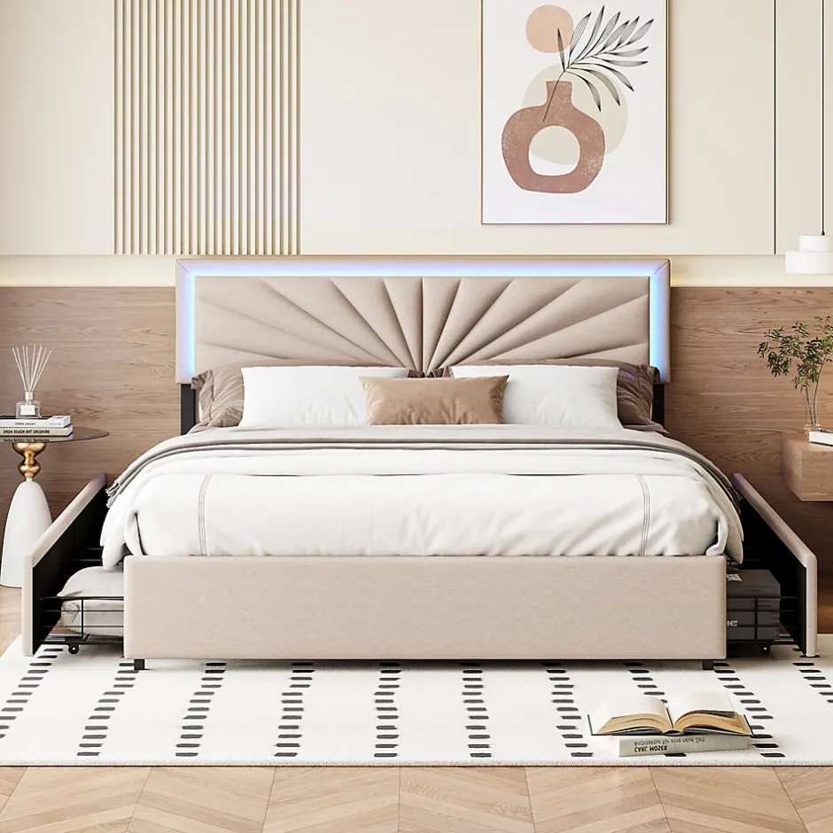ProximaX Lit 160x200 cm avec 4 tiroirs de rangement, tête de lit avec éclairage LED, revêtement en tissu beige,Lit coffre moderne