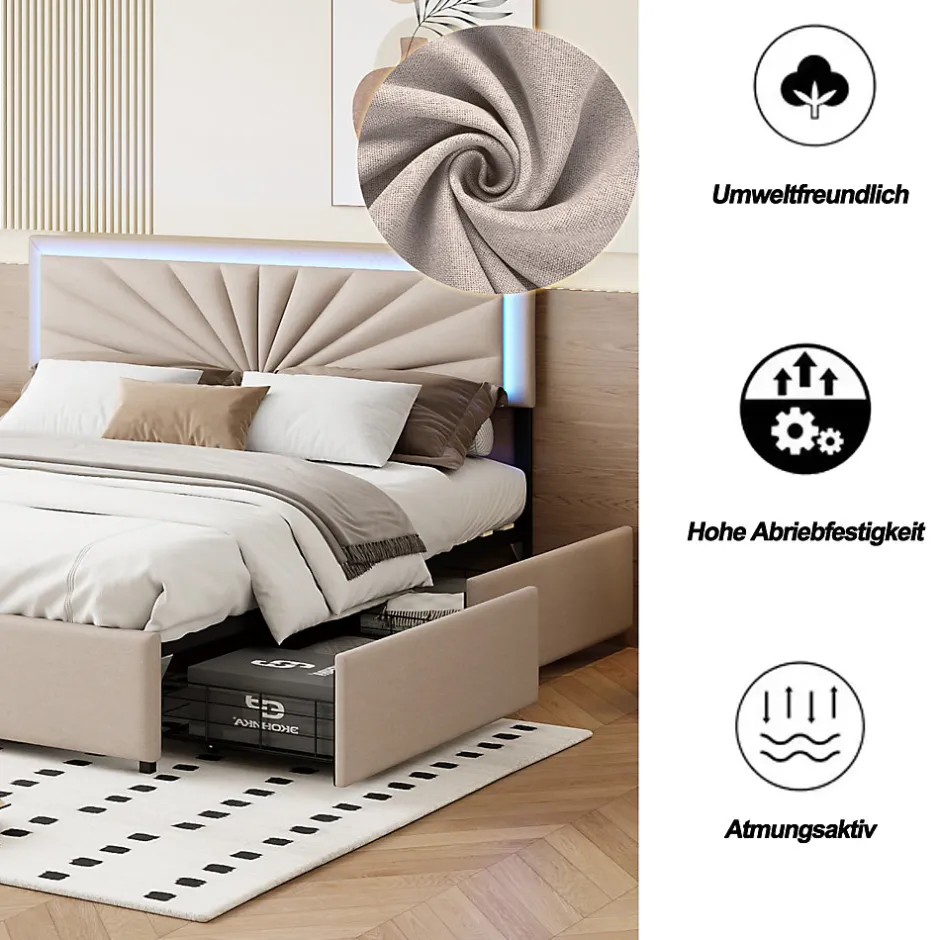 ProximaX Lit 160x200 cm avec 4 tiroirs de rangement, tête de lit avec éclairage LED, revêtement en tissu beige,Lit coffre moderne