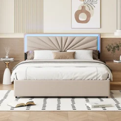 ProximaX Lit 160x200 cm avec 4 tiroirs de rangement, tête de lit avec éclairage LED, revêtement en tissu beige,Lit coffre moderne