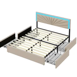 ProximaX Lit 160x200 cm avec 4 tiroirs de rangement, tête de lit avec éclairage LED, revêtement en tissu beige,Lit coffre moderne