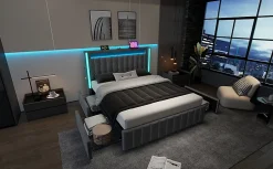 Redom Lit 160x200 cm avec 4 tiroirs et sommier a lattes, tete integree USB Type C et eclairage LED multicolore, tapisse lin gris