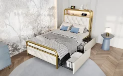 Redom Lit 90x200 cm avec 2 tiroirs et tête de lit avec prises USB Type-C, LED et cadre métal tapissé velours blanc New