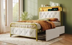 Redom Lit 90x200 cm avec 2 tiroirs et tête de lit avec prises USB Type-C, LED et cadre métal tapissé velours blanc New