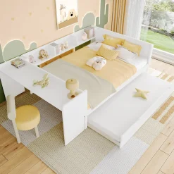 Redom Lit 140x200 cm avec bureau intégré et lit gigogne, structure pin blanc et 3 étagères fonctionnelles
