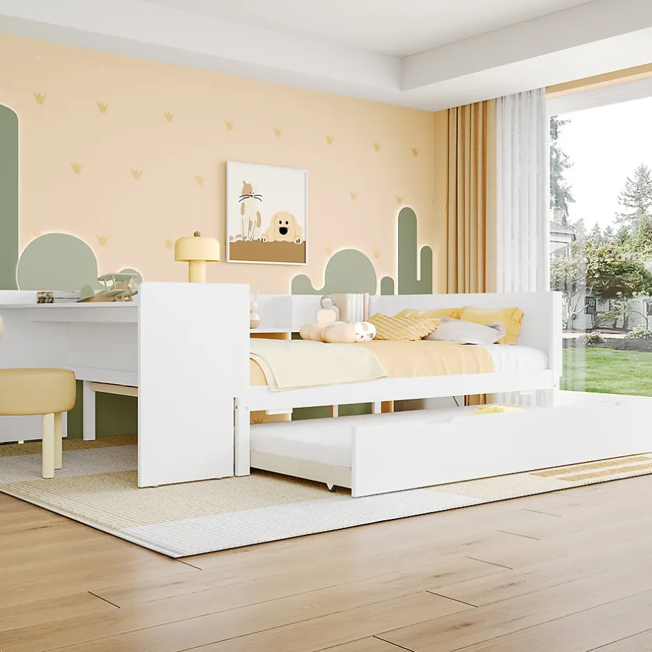 Redom Lit 140x200 cm avec bureau intégré et lit gigogne, structure pin blanc et 3 étagères fonctionnelles