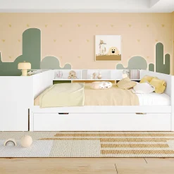 Redom Lit 140x200 cm avec bureau intégré et lit gigogne, structure pin blanc et 3 étagères fonctionnelles
