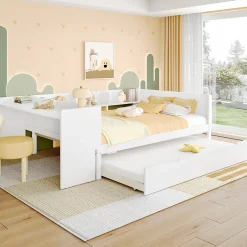 Redom Lit 140x200 cm avec bureau intégré et lit gigogne, structure pin blanc et 3 étagères fonctionnelles