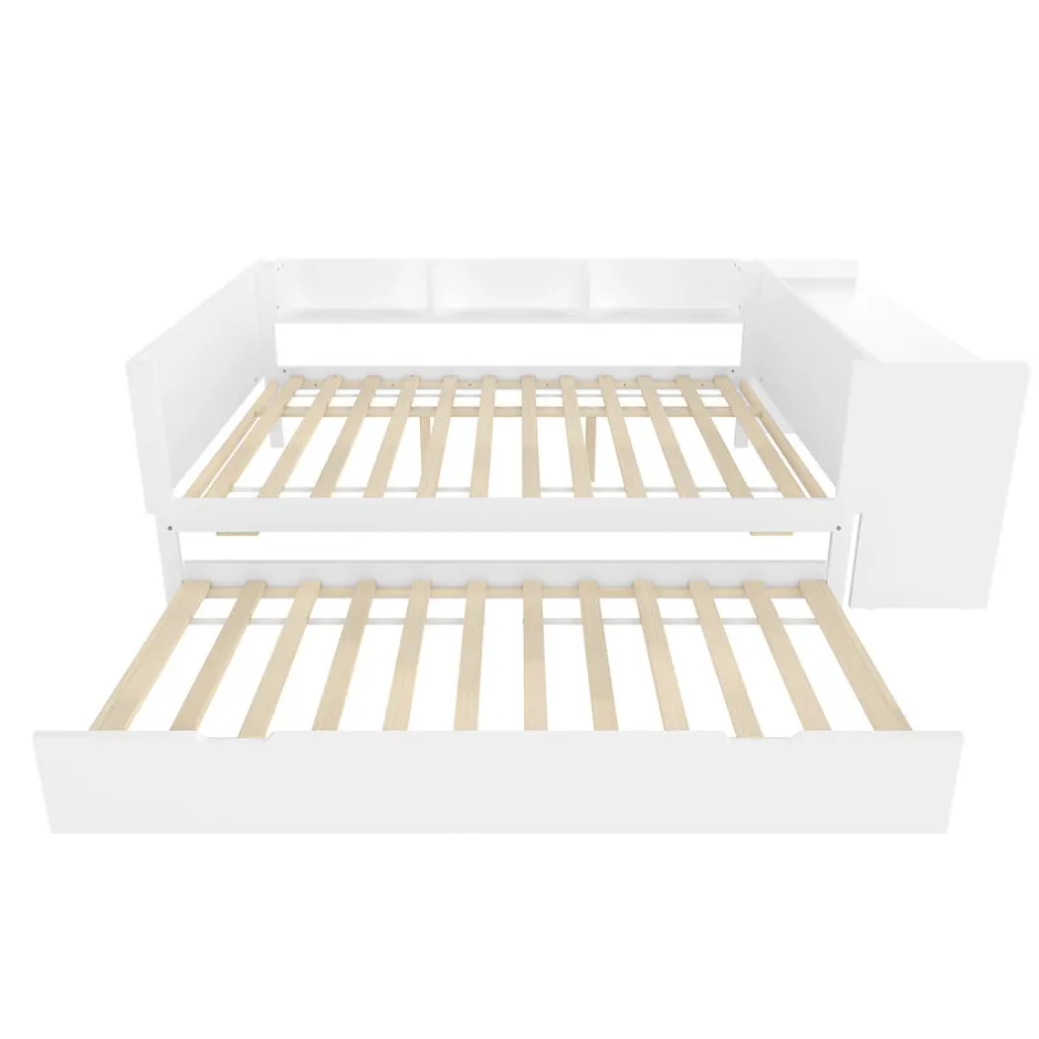 Redom Lit 140x200 cm avec bureau intégré et lit gigogne, structure pin blanc et 3 étagères fonctionnelles