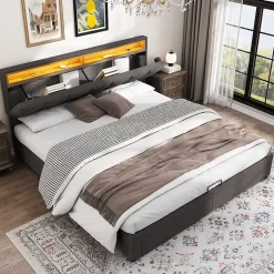 Redom Lit 160x200 cm avec éclairage LED intégré, tête de lit rembourrée en lin gris foncé et cadre métal robuste Clearance