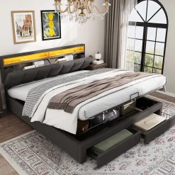 Redom Lit 160x200 cm avec éclairage LED intégré, tête de lit rembourrée en lin gris foncé et cadre métal robuste Clearance