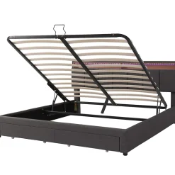 Redom Lit 160x200 cm avec éclairage LED intégré, tête de lit rembourrée en lin gris foncé et cadre métal robuste Clearance