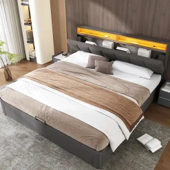 Redom Lit 160x200 cm avec éclairage LED intégré, tête de lit rembourrée en lin gris foncé et cadre métal robuste Clearance
