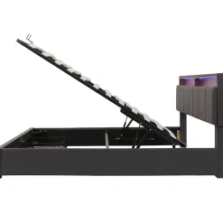 Redom Lit 160x200 cm avec éclairage LED intégré, tête de lit rembourrée en lin gris foncé et cadre métal robuste Clearance