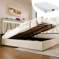 Redom Lit 160x200 cm avec éclairage LED et ports USB Type-C, coffre de rangement intégré, revêtement lin beige