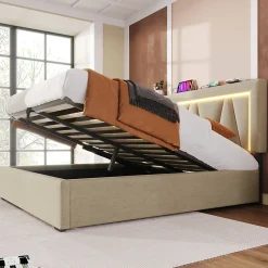 Redom Lit 160x200 cm avec éclairage LED et ports USB Type-C, coffre de rangement intégré, revêtement lin beige