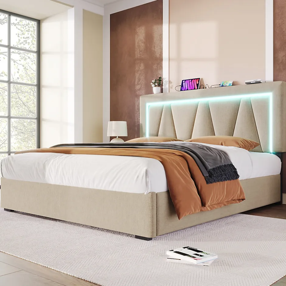 Redom Lit 160x200 cm avec éclairage LED et ports USB Type-C, coffre de rangement intégré, revêtement lin beige