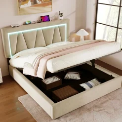 Redom Lit 160x200 cm avec éclairage LED et ports USB Type-C, coffre de rangement intégré, revêtement lin beige