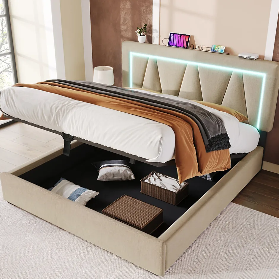 Redom Lit 160x200 cm avec éclairage LED et ports USB Type-C, coffre de rangement intégré, revêtement lin beige