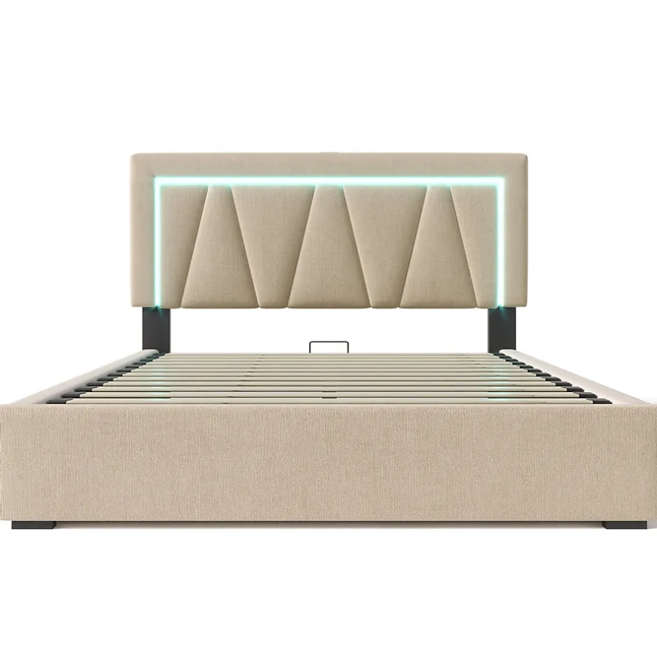 Redom Lit 160x200 cm avec éclairage LED et ports USB Type-C, coffre de rangement intégré, revêtement lin beige