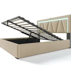 Redom Lit 160x200 cm avec éclairage LED et ports USB Type-C, coffre de rangement intégré, revêtement lin beige