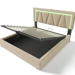 Redom Lit 160x200 cm avec éclairage LED et ports USB Type-C, coffre de rangement intégré, revêtement lin beige