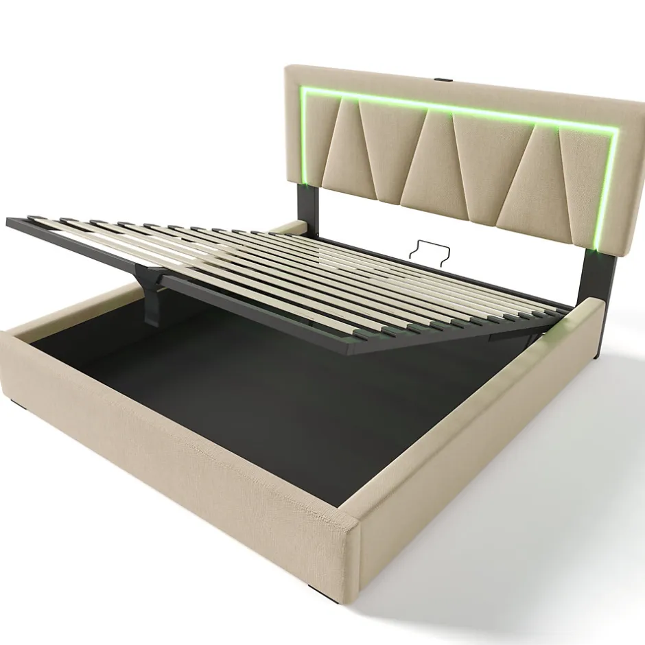 Redom Lit 160x200 cm avec éclairage LED et ports USB Type-C, coffre de rangement intégré, revêtement lin beige