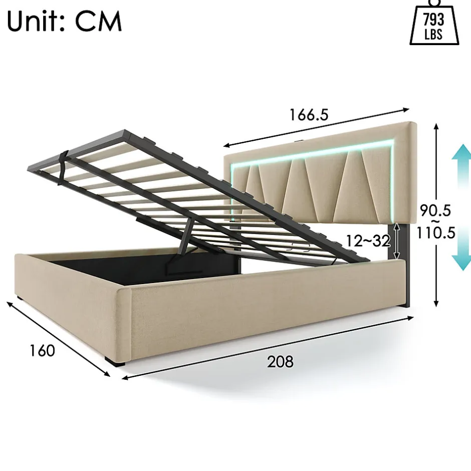 Redom Lit 160x200 cm avec éclairage LED et ports USB Type-C, coffre de rangement intégré, revêtement lin beige