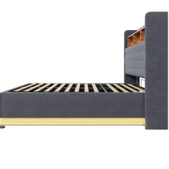 Redom Lit 180x200 cm avec éclairage LED multicolore et rangement hydraulique, tapissé tissu lin gris, cadre métal Discount
