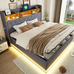 Redom Lit 180x200 cm avec éclairage LED multicolore et rangement hydraulique, tapissé tissu lin gris, cadre métal Discount