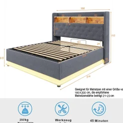 Redom Lit 180x200 cm avec éclairage LED multicolore et rangement hydraulique, tapissé tissu lin gris, cadre métal Discount