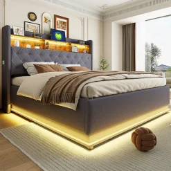 Redom Lit 180x200 cm avec éclairage LED multicolore et rangement hydraulique, tapissé tissu lin gris, cadre métal Discount