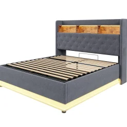 Redom Lit 180x200 cm avec éclairage LED multicolore et rangement hydraulique, tapissé tissu lin gris, cadre métal Discount
