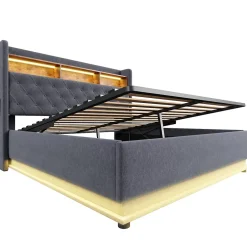 Redom Lit 180x200 cm avec éclairage LED multicolore et rangement hydraulique, tapissé tissu lin gris, cadre métal Discount