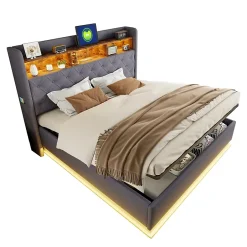 Redom Lit 180x200 cm avec éclairage LED multicolore et rangement hydraulique, tapissé tissu lin gris, cadre métal Discount