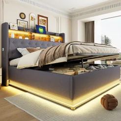 Redom Lit 180x200 cm avec éclairage LED multicolore et rangement hydraulique, tapissé tissu lin gris, cadre métal Discount