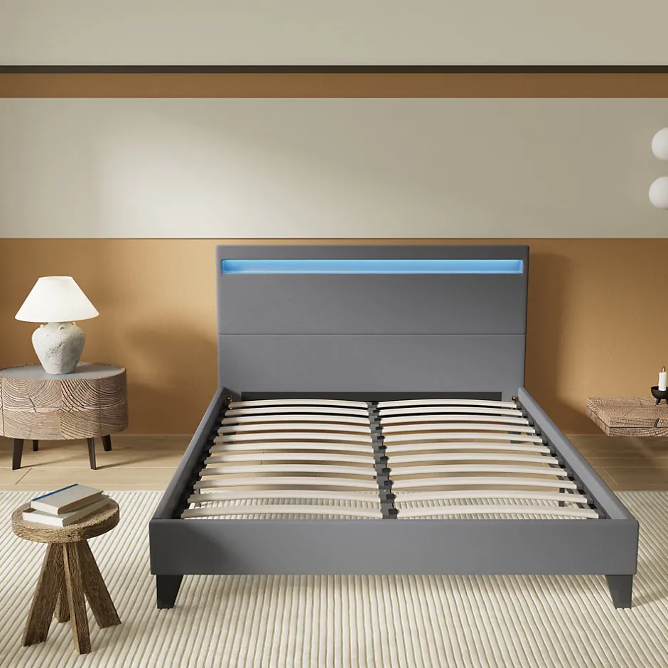 November Lit 160x200 cm avec Éclairage LED Simili Gris
