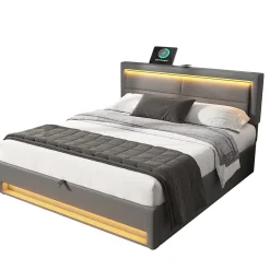 Redom Lit 140x200 cm avec éclairage LED, ports USB rétractables et rangement, revêtement PU effet litchi gris