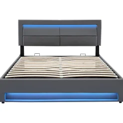 Redom Lit 140x200 cm avec éclairage LED, ports USB rétractables et rangement, revêtement PU effet litchi gris