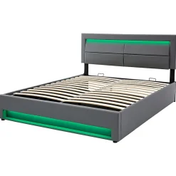 Redom Lit 140x200 cm avec éclairage LED, ports USB rétractables et rangement, revêtement PU effet litchi gris