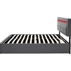 Redom Lit 140x200 cm avec éclairage LED, ports USB rétractables et rangement, revêtement PU effet litchi gris