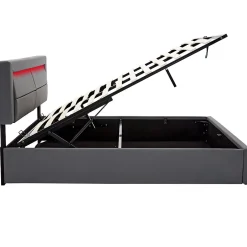 Redom Lit 140x200 cm avec éclairage LED, ports USB rétractables et rangement, revêtement PU effet litchi gris