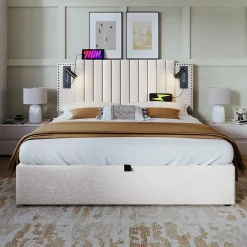 Redom Lit 160x200 cm avec coffre de rangement et tête de lit réglable en tissu beige à rivets, design contemporain Outlet
