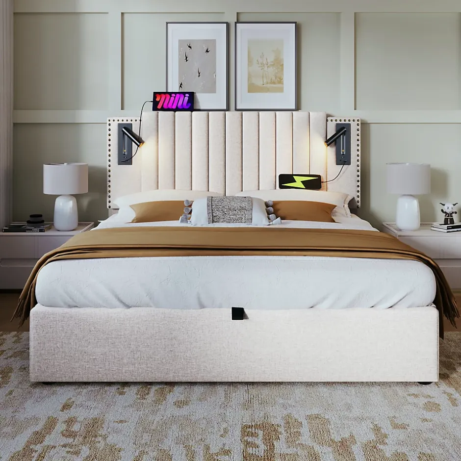 Redom Lit 160x200 cm avec coffre de rangement et tête de lit réglable en tissu beige à rivets, design contemporain Outlet