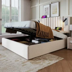 Redom Lit 160x200 cm avec coffre de rangement et tête de lit réglable en tissu beige à rivets, design contemporain Outlet
