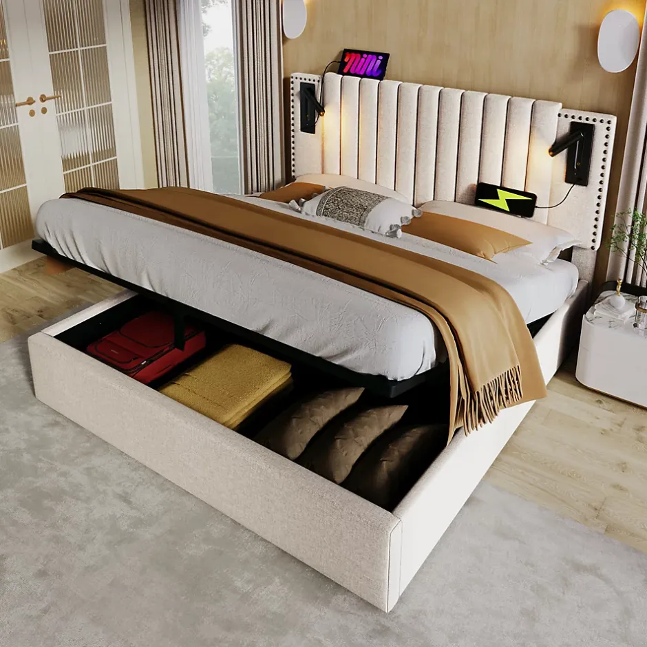 Redom Lit 160x200 cm avec coffre de rangement et tête de lit réglable en tissu beige à rivets, design contemporain Outlet